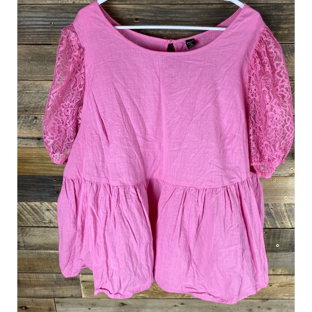 Shein Fit Womans Plus Sz 22 Pink Ruffled W/Puffy Lace Sleeves Top